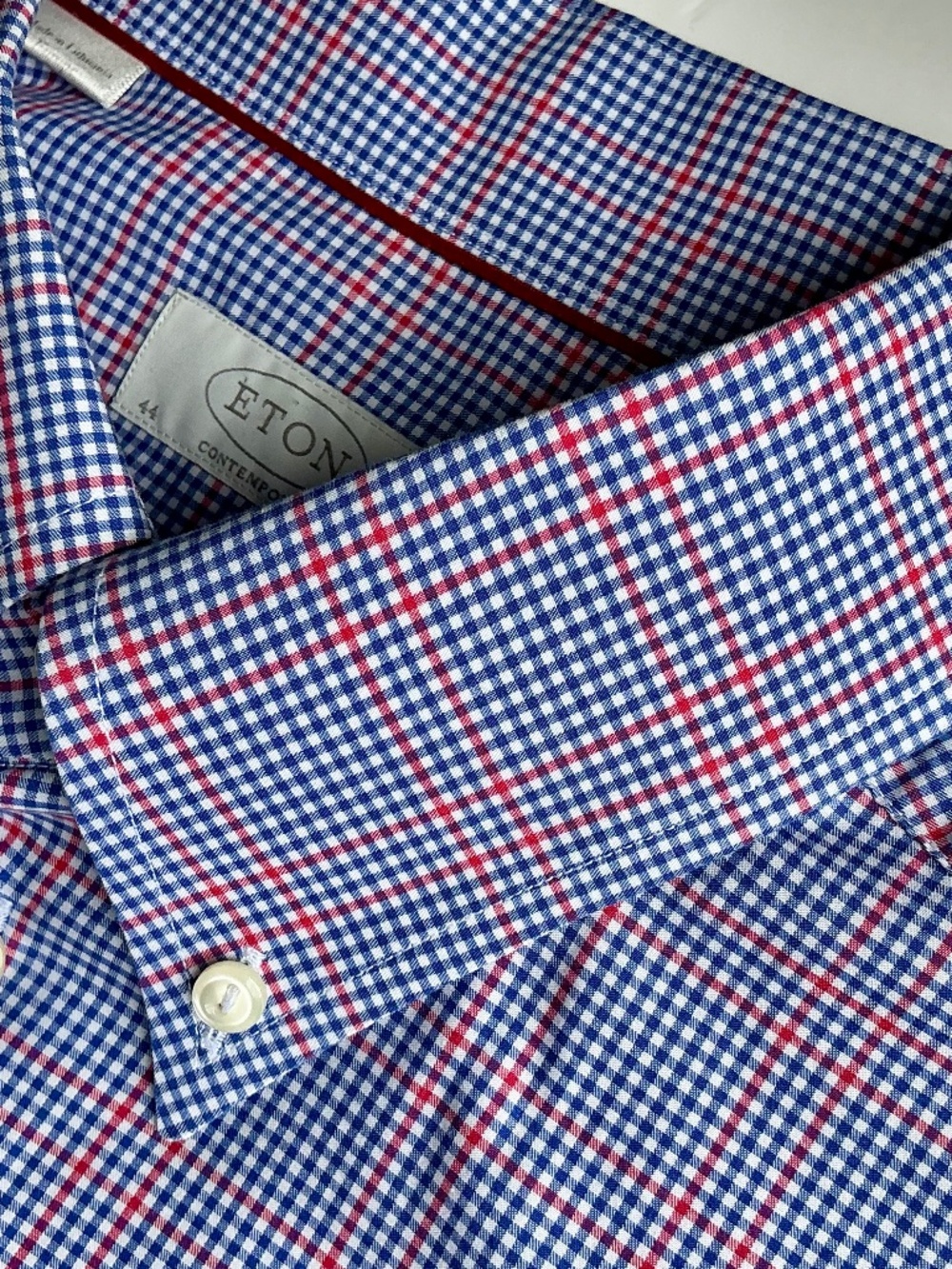 ETON Blue & red checkered cotton dress shirt Sz 17.5 made in Lithuania 🇱🇹